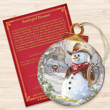 Load image into Gallery viewer, Cowboy Snowman Wood Ornament