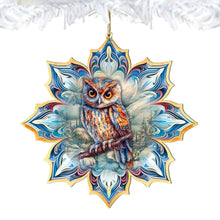 Load image into Gallery viewer, Great Horned Owl Snowflake Wood Ornaments Debrekht Wildlife