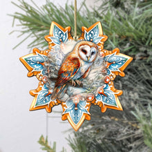Load image into Gallery viewer, Short-eared Owl Snowflake Wood Ornament - GDebrekht Wildlife