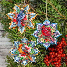 Load image into Gallery viewer, Forest Birds Snowflake Wooden Ornaments - Set of 3