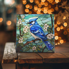 Load image into Gallery viewer, Blue Jay Brilliance: Artisanal Stained Glass-Inspired Ceramic Tile: 6 x 6 inch w/ Easel
