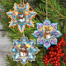 Load image into Gallery viewer, Happy Snowman Snowflake Wooden Ornaments - Set of 3
