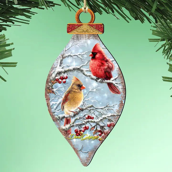 Winter Cardinals Cone Wood Ornament