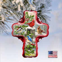 Load image into Gallery viewer, Winter Cardinals Cross Glass Ornament Holiday by Debrekht
