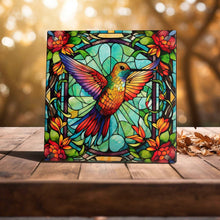 Load image into Gallery viewer, Floral Dance - Colorful Hummingbird Stained Glass Style Art Tile for Home Beautification: 4.25 x 4.25 w/ Easel
