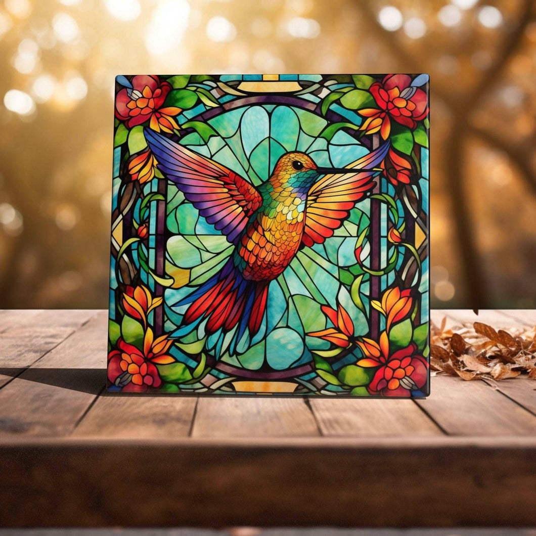 Floral Dance - Colorful Hummingbird Stained Glass Style Art Tile for Home Beautification: 4.25 x 4.25 w/ Easel