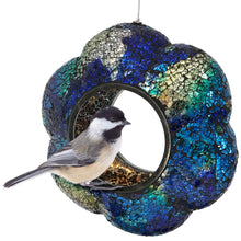 Load image into Gallery viewer, Glass Indigo Flower Mosaic Fly-Through Hanging Bird Feeder
