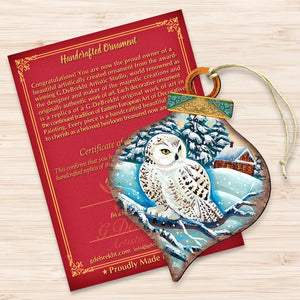 White Owl Drop Wood Ornament