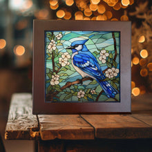 Load image into Gallery viewer, Blue Jay Brilliance: Artisanal Stained Glass-Inspired Ceramic Tile: 6 x 6 inch w/ Easel
