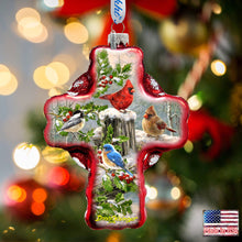 Load image into Gallery viewer, Winter Cardinals Cross Glass Ornament Holiday by Debrekht
