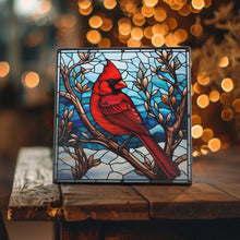 Load image into Gallery viewer, Cardinal Majesty: Handcrafted Stained Glass-Effect Ceramic Tile Art: 4.25 x 4.25 w/ Easel
