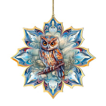 Load image into Gallery viewer, Great Horned Owl Snowflake Wood Ornaments Debrekht  Wildlife
